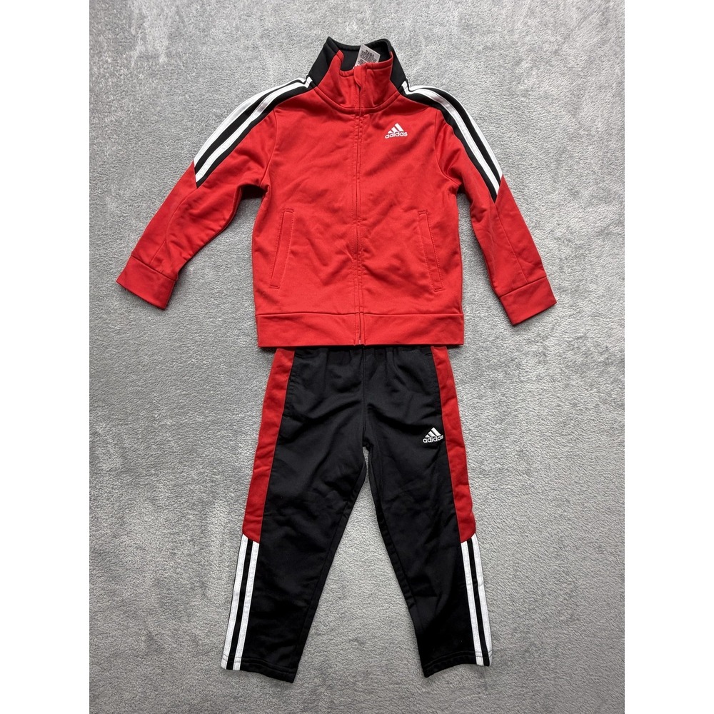 Adidas Tracksuit Toddler 4T Red Black 3 Stripe 2 Piece Jacket Pants Athletic Set